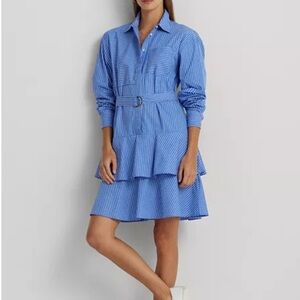 NWT Lauren Ralph Lauren Broadcloth Tiered Shirt Dress w/ Belt